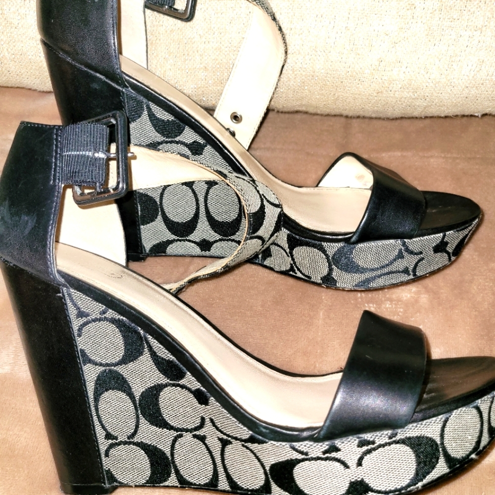 Coach Wedge Sandals. Size 10. Black Signature Print